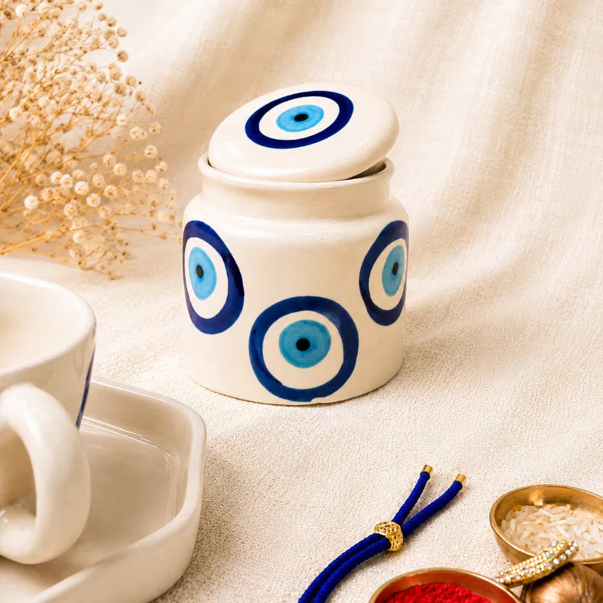 Blue Protection Evil Eye Theme Rakhi Gift Hamper for Bhai and Bhabhi