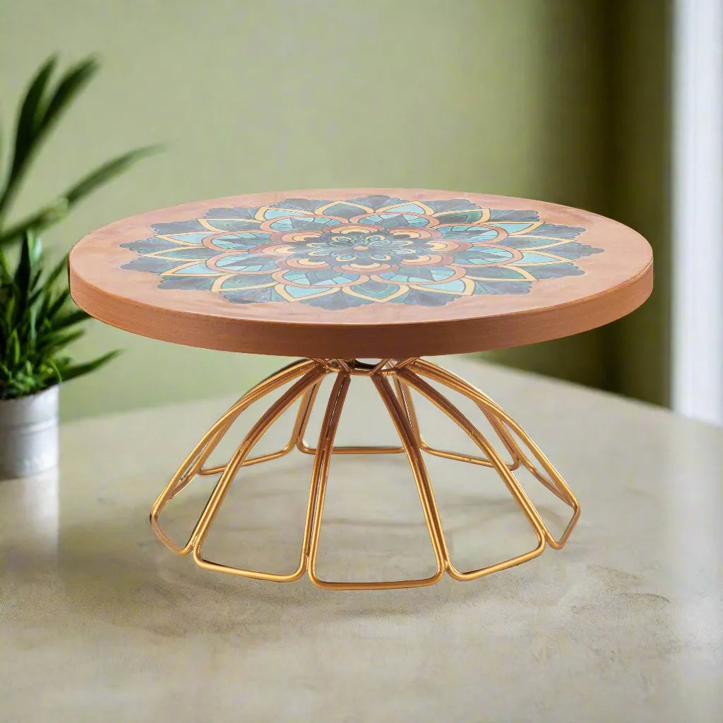 Artistic Mandala Wooden Cake Stand with Gold Finish Base