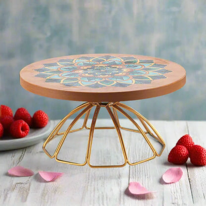 Artistic Mandala Wooden Cake Stand with Gold Finish Base