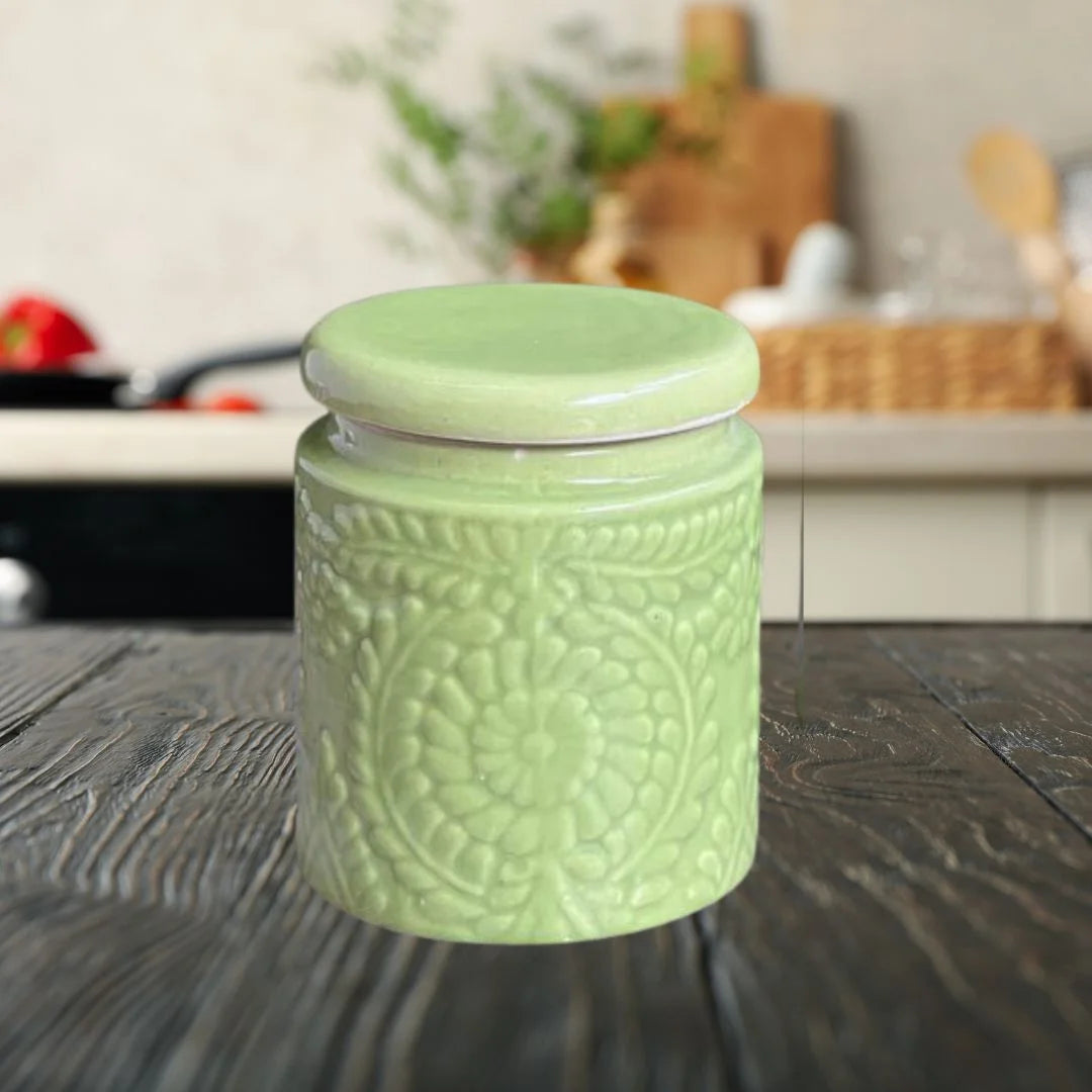 Artisanal Handcrafted Green Ceramic Storage Jar - 1000 ml