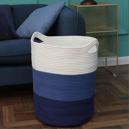 White & Blue Cotton Storage Basket with Handles - Medium, Large