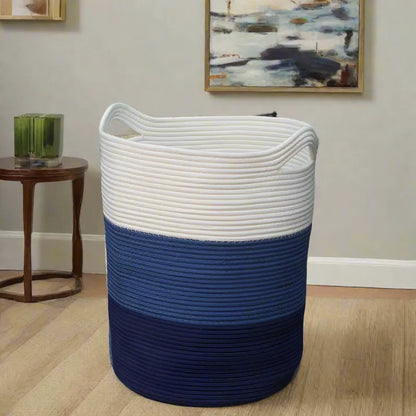 White & Blue Cotton Storage Basket with Handles - Medium, Large