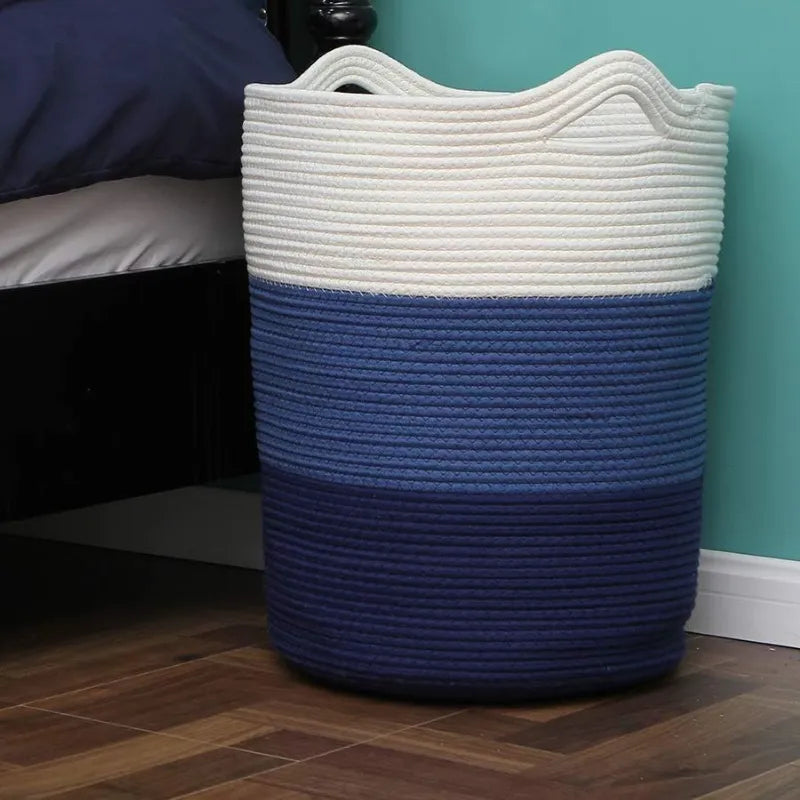 White & Blue Cotton Storage Basket with Handles - Medium, Large