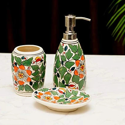 Premium Green & Red Hand-Painted Ceramic Bathroom Accessory Set of 3