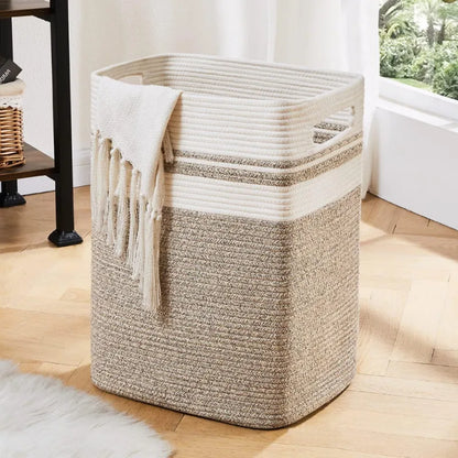 White & Brown Cotton Laundry Basket - 18 inch x 15 inch x 11 inch