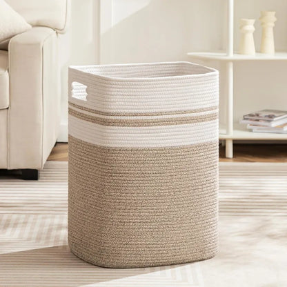 White & Brown Cotton Laundry Basket - 18 inch x 15 inch x 11 inch