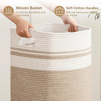 White & Brown Cotton Laundry Basket - 18 inch x 15 inch x 11 inch