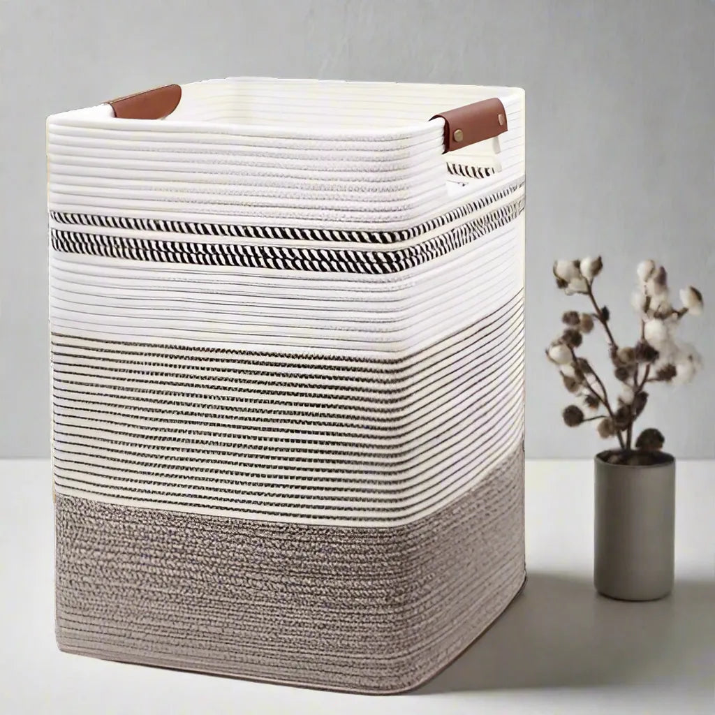 White & Brown Striped Cotton Laundry Basket - 18 inch x 15 inch x 11 inch