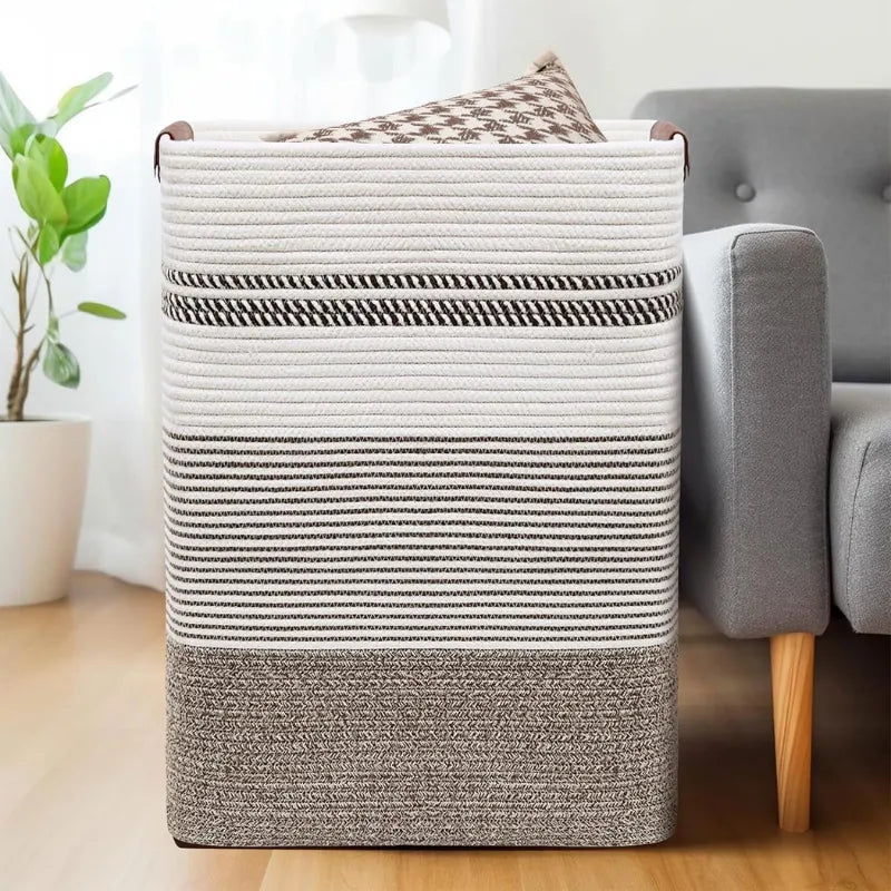 White & Brown Striped Cotton Laundry Basket - 18 inch x 15 inch x 11 inch