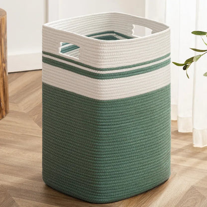 White & Green Cotton Stripes Laundry Basket - 18 inch x 15 inch x 11 inch