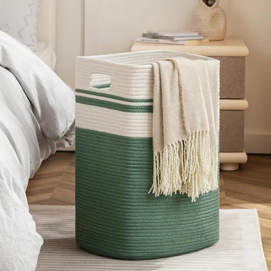 White & Green Cotton Stripes Laundry Basket - 18 inch x 15 inch x 11 inch