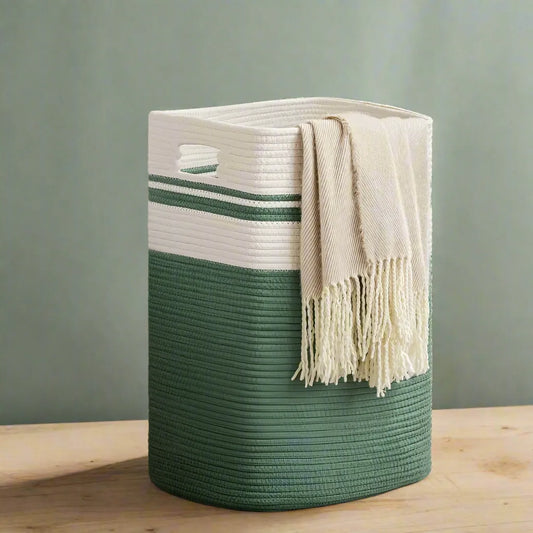 White & Green Cotton Stripes Laundry Basket - 18 inch x 15 inch x 11 inch