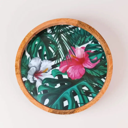 White & Pink Floral Print Wooden Serveware