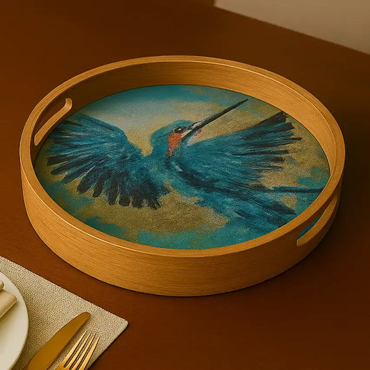 Elegant Blue Kingfisher Print Wooden Serveware