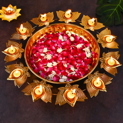 Decorative Golden Lotus Urli - Floating Flowers & Diya Pots