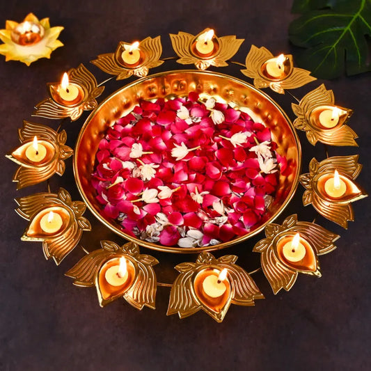 Decorative Golden Lotus Urli - Floating Flowers & Diya Pots