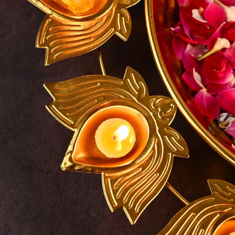 Decorative Golden Lotus Urli - Floating Flowers & Diya Pots