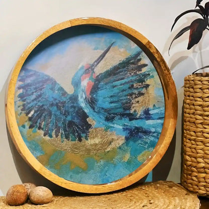 Elegant Blue Kingfisher Print Wooden Serveware