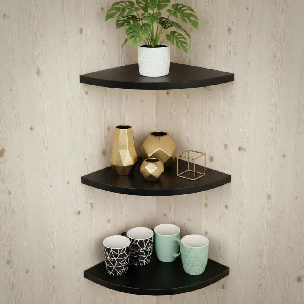 Premium Glossy Black Corner Wall Shelves - Set of 3