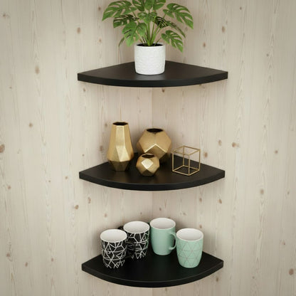 Premium Glossy Black Corner Wall Shelves - Set of 3