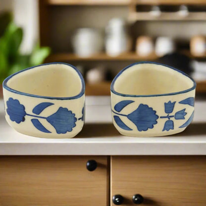 Blue & White Flower Design Hand Painted Ceramic Dip Bowls