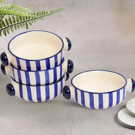 Hand-Painted White & Blue Stripey Soup Bowls