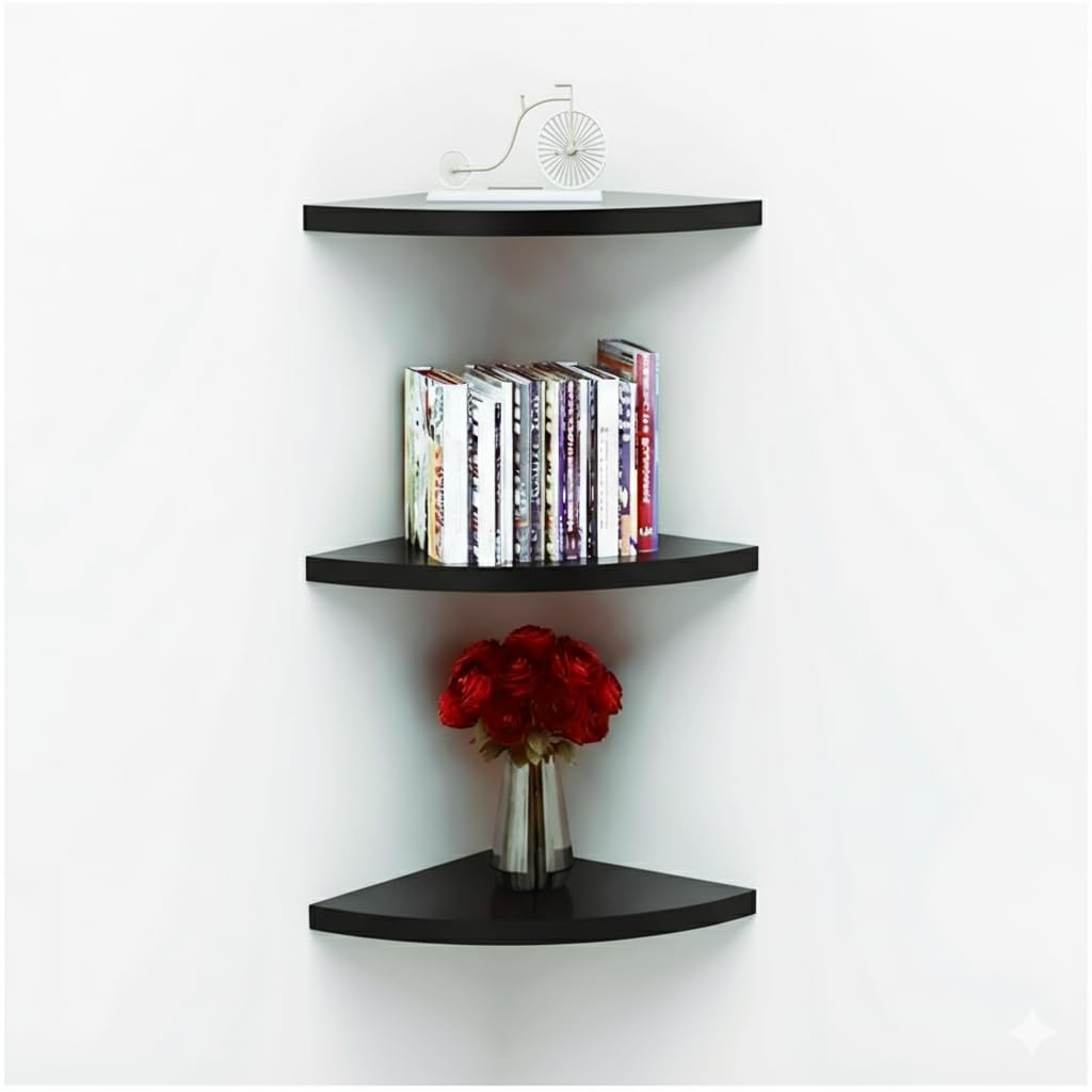 Premium Glossy Black Corner Wall Shelves - Set of 3