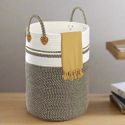 White, Beige & Black Woven Cotton Laundry Basket - Medium, Large