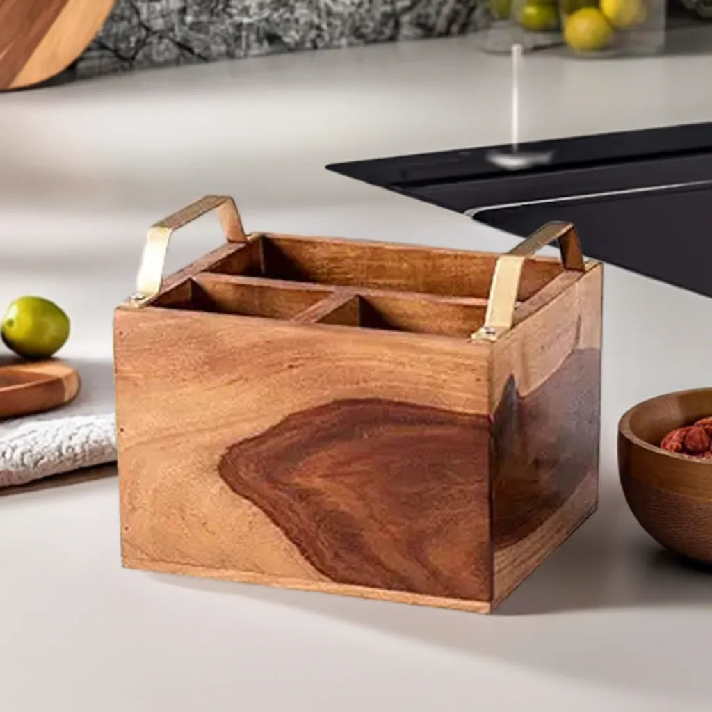 Rustic Charm Acacia Wood Cutlery Holder - Walnut Finish