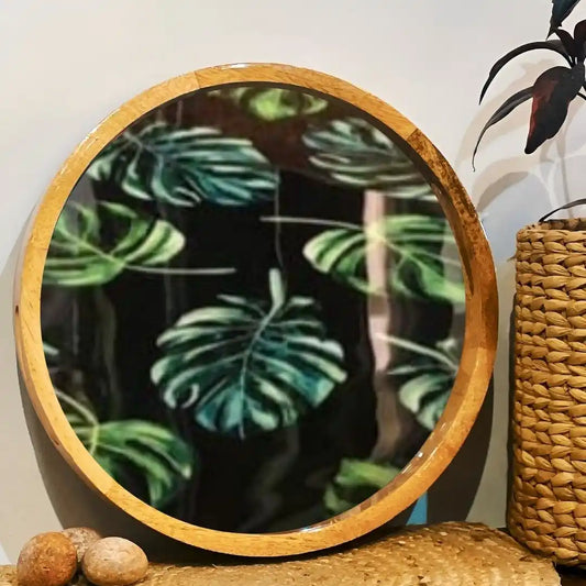 Mystic Green Leaves Print Wooden Serveware