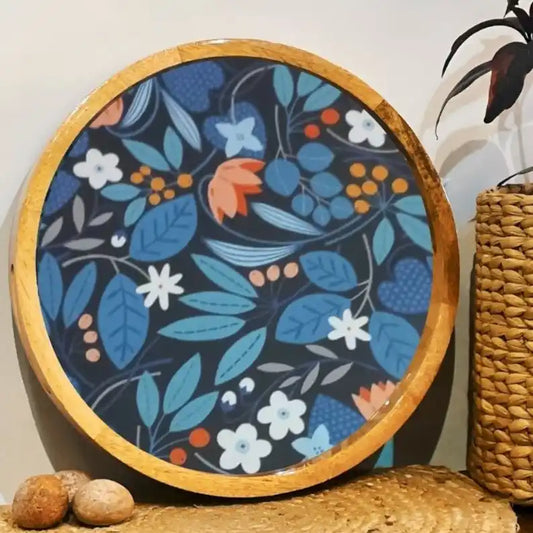 Blue Moonlit Floral Print Wooden Serveware