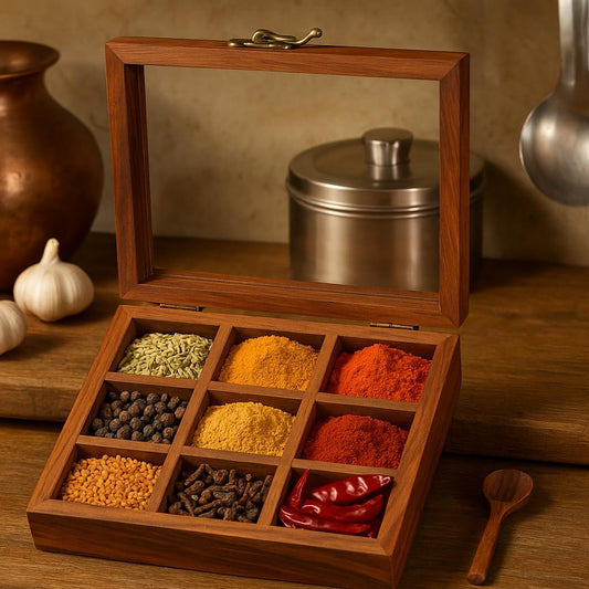 Sheesham Wood Masala Box – 9 Partition Non Detachable Spice Organizer with Spoon