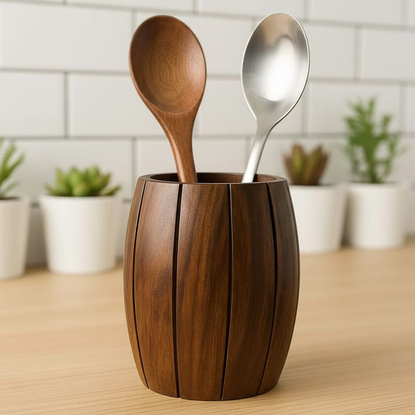 Barrel-Shaped Wooden Cutlery Holder - Sheesham wood