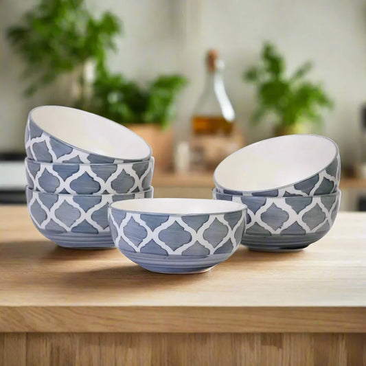 Hand-Painted Umrao Pattern Classic Grey & White Ceramic Bowls