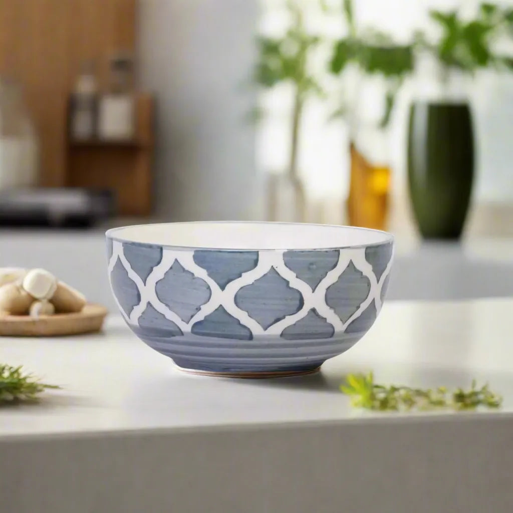 Hand-Painted Umrao Pattern Classic Grey & White Ceramic Bowls