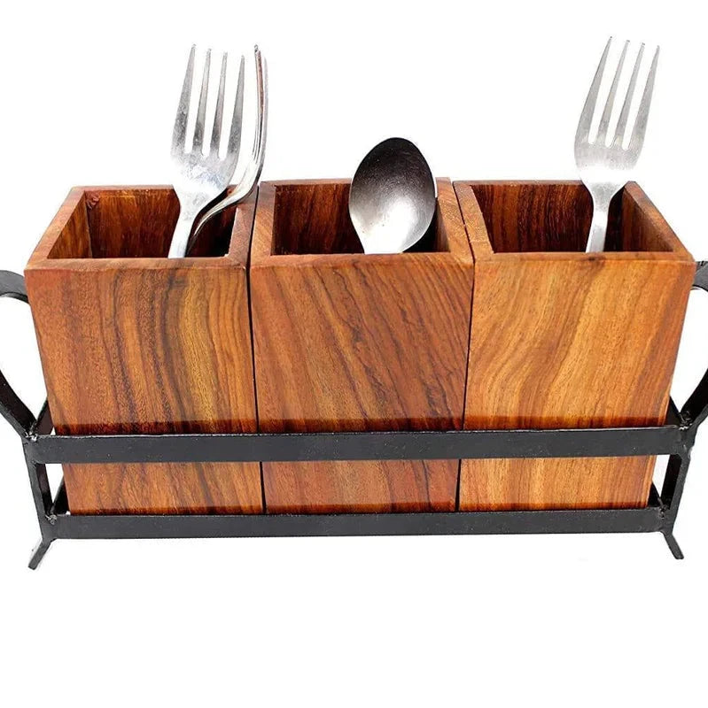 Rustic Wooden Cutlery Holder - 11.5 inch x 5 inch