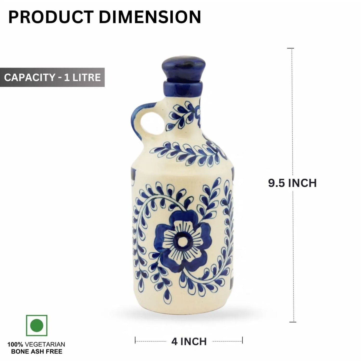 Ceramic bottle with blue floral design and dimensions on a white background
