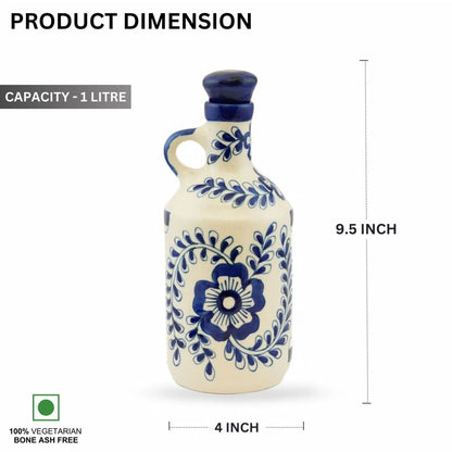 Ceramic bottle with blue floral design and dimensions on a white background