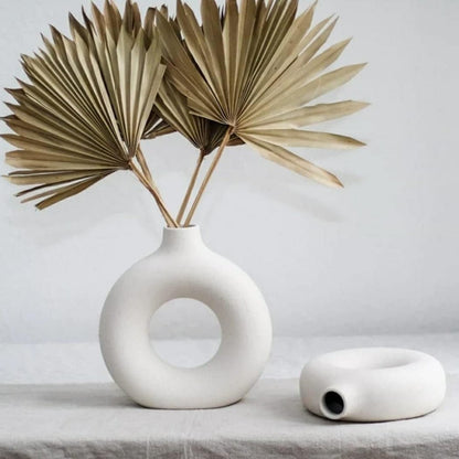 Elegant White Minimalist Ceramic Donut Vase for Home Decor - Multiple Sizes