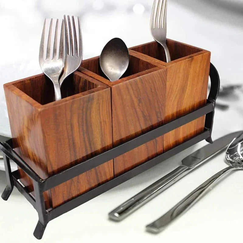 Rustic Wooden Cutlery Holder - 11.5 inch x 5 inch