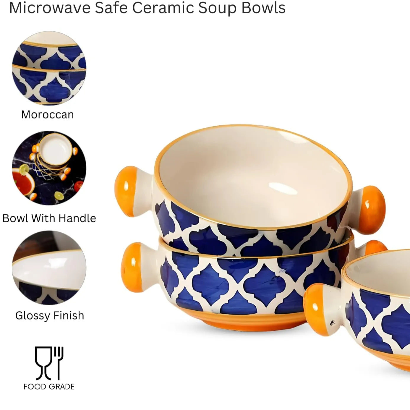 Blue & Yellow Moroccan Ceramic Soup/Serving Bowls with Handles - 300 ml