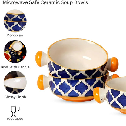 Blue & Yellow Moroccan Ceramic Soup/Serving Bowls with Handles - 300 ml