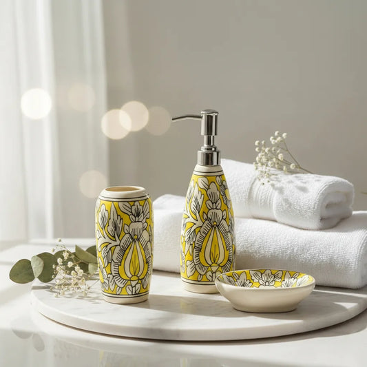 Floral Design Ceramic Bath Decor Bathroom Accessory Set of 3