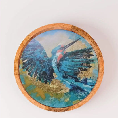 Elegant Blue Kingfisher Print Wooden Serveware