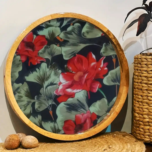 Beautiful Red & Green Floral Print Wooden Serveware
