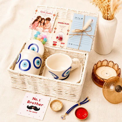 Blue Protection Evil Eye Theme Rakhi Gift Hamper for Bhai and Bhabhi