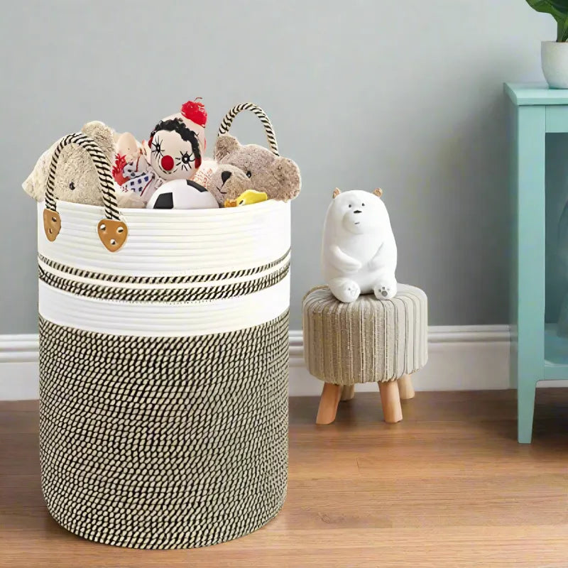 White, Beige & Black Woven Cotton Laundry Basket - Medium, Large