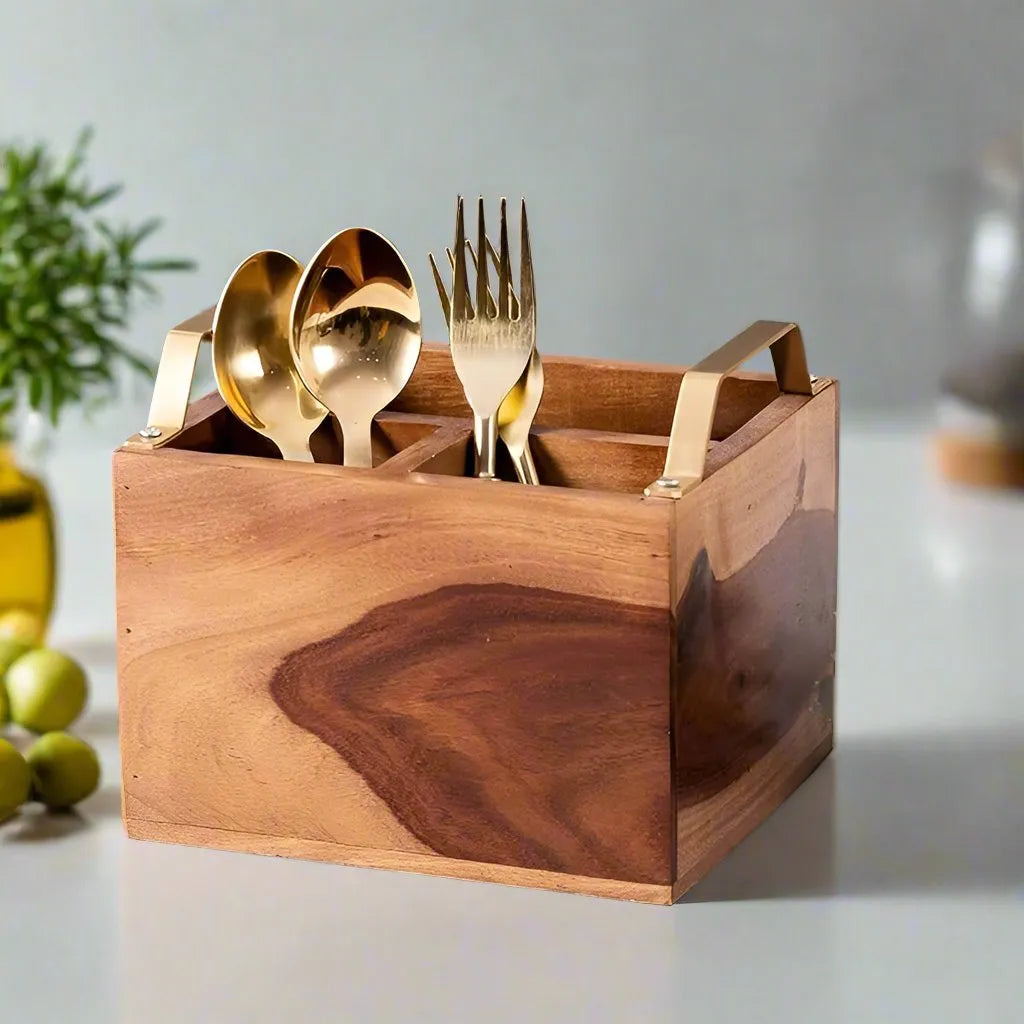 Rustic Charm Acacia Wood Cutlery Holder - Walnut Finish