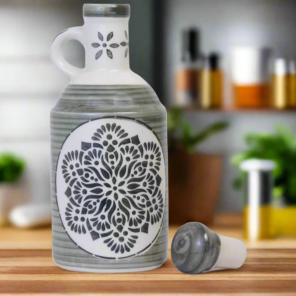 Ceramic Food & Microwave Safe Oil Dispenser with Grey Designer Pattern - 1000 ml