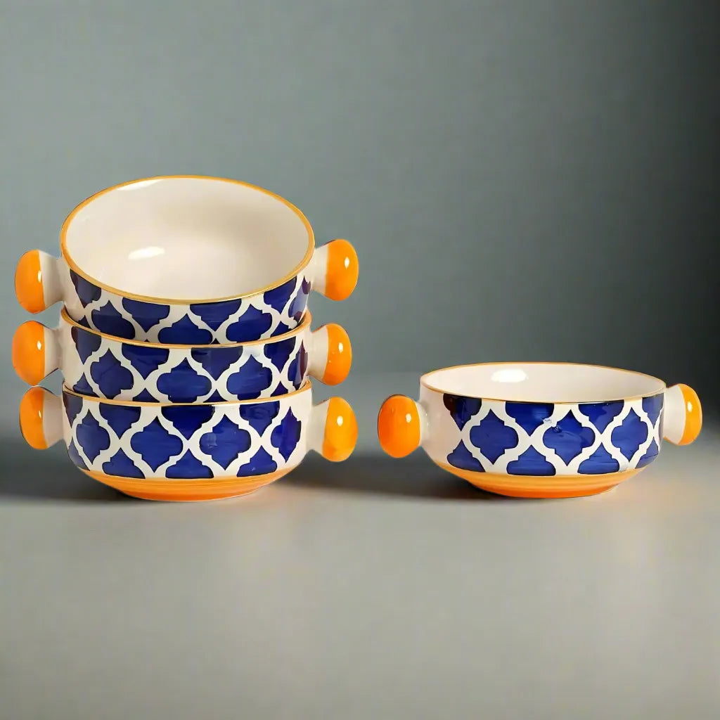 Blue & Yellow Moroccan Ceramic Soup/Serving Bowls with Handles - 300 ml